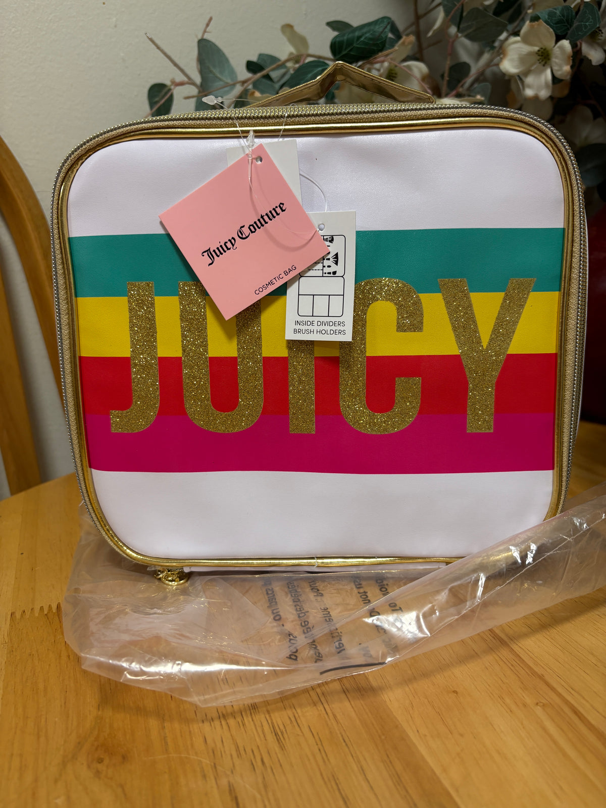 Juicy Couture White/Gold/Rainbow Stripe Cosmetic Bag, 8.5x3.4x9.5in, BNWT, New